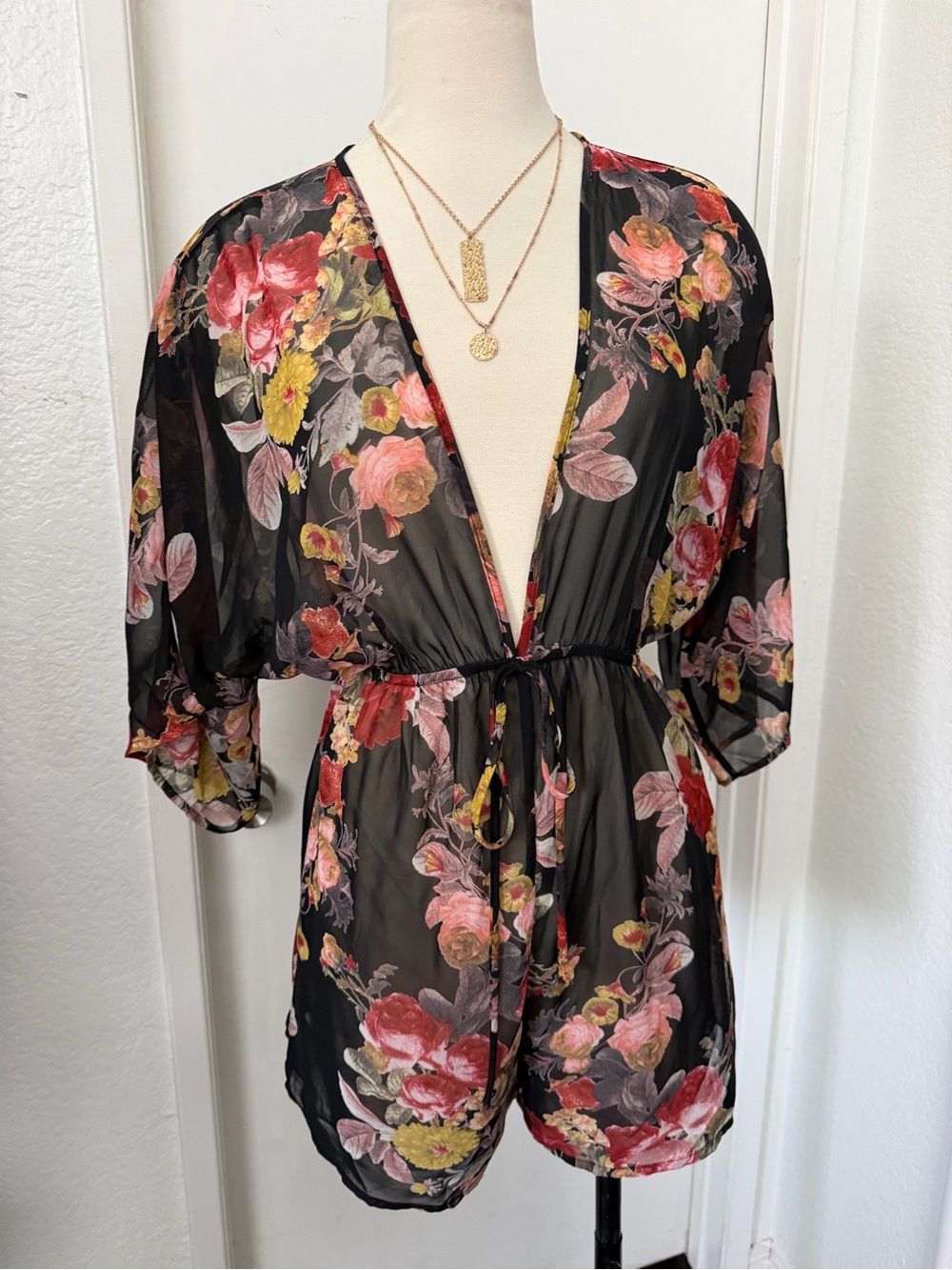 Black Floral Sheer V-Neck Shorts Romper